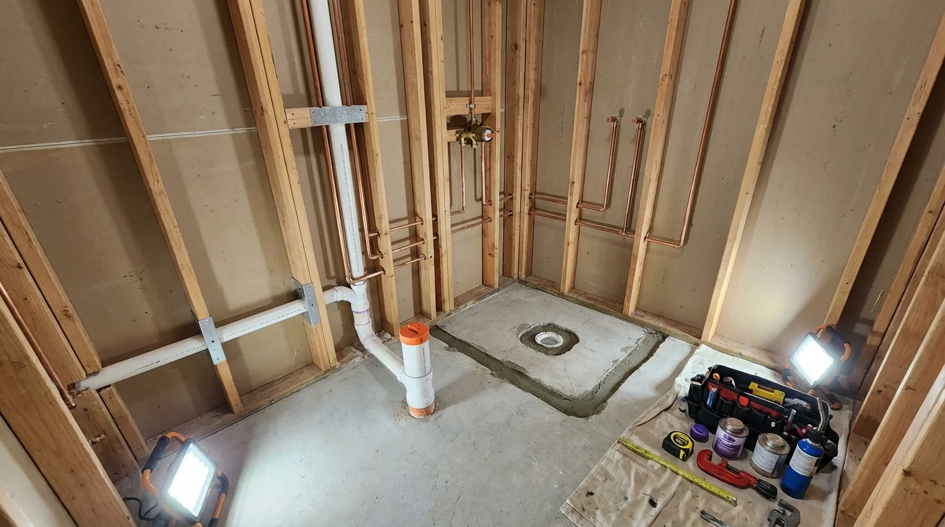 Bathroom rough-in plumbing during remodel by Johns Plumbing LLC in Saint Stephen