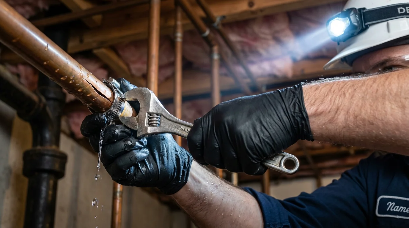 Emergency pipe clamp repair being performed by a Johns Plumbing LLC plumber in Saint Stephen