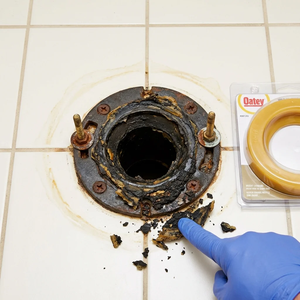 Failed wax ring showing water seepage at the base of a toilet in a Saint Stephen, SC home