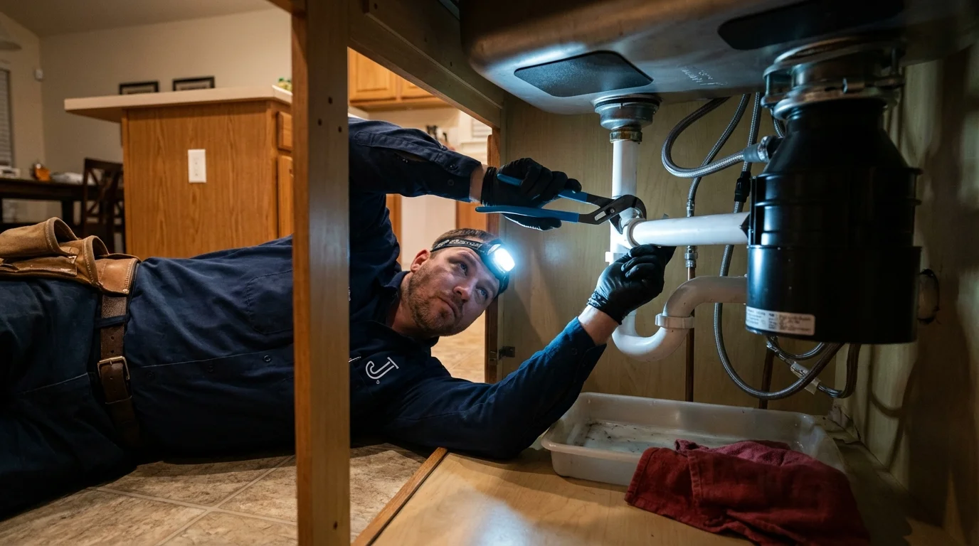 P-trap and supply line connections under a kitchen sink showing a common leak point in Saint Stephen, SC